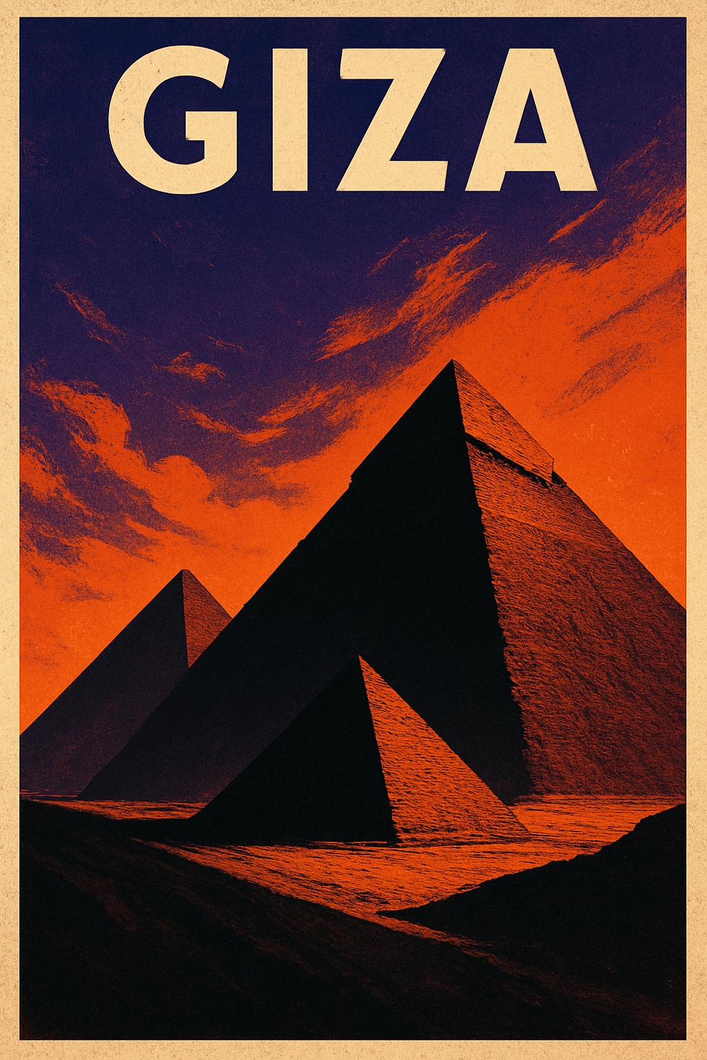 Vintage Giza Pyramids Travel Poster with Dramatic Sky