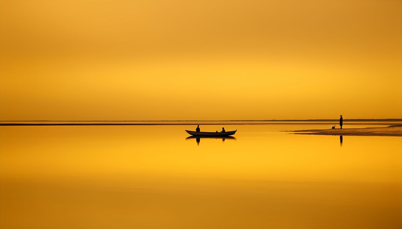 Tranquil Amber Landscape Reflection with Silhouetted Figures Virtual Backgrounds