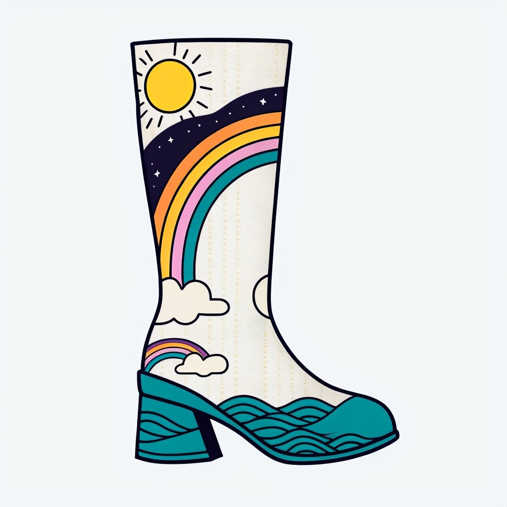 Whimsical Cartoon Knee-High Boot with Rainbow and Sun Sticker