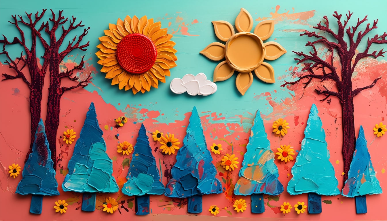 Vibrant Autumn Landscape with Whimsical Trees and Sun Background Virtual Backgrounds