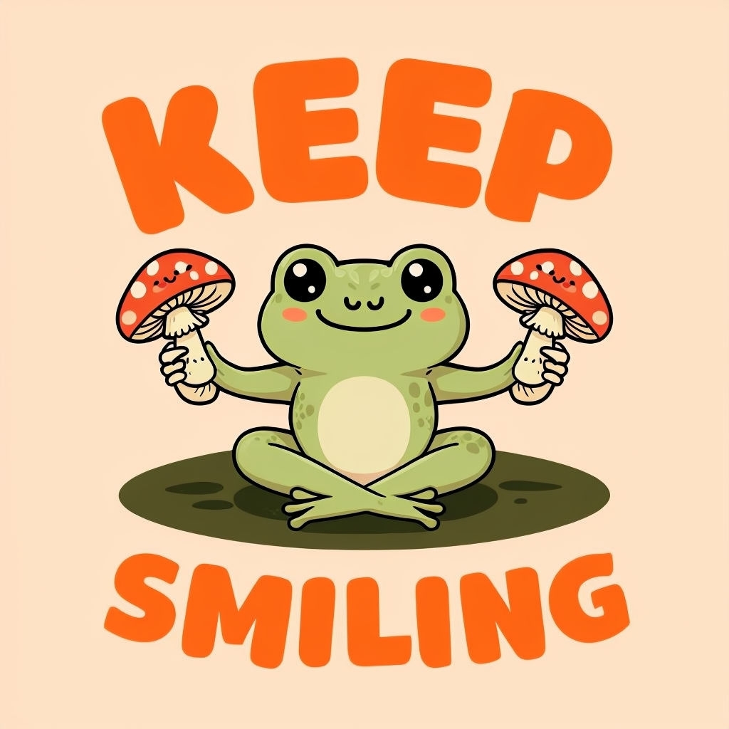 Cheerful Frog Holding Mushrooms with Keep Smiling Text T-Shirt