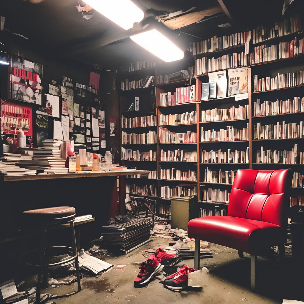 A dark a brooding interior shot of a dive bar library. Sits ... by ...