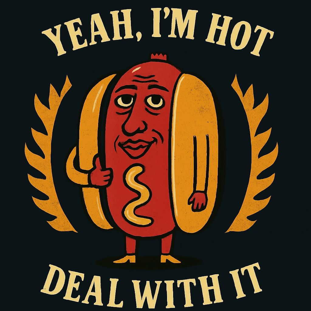 Playful Hot Dog Character with "Yeah, I'm Hot" T-Shirt
