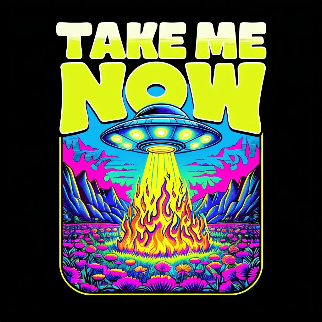 Psychedelic UFO Take Me Now Cartoon T-Shirt Design