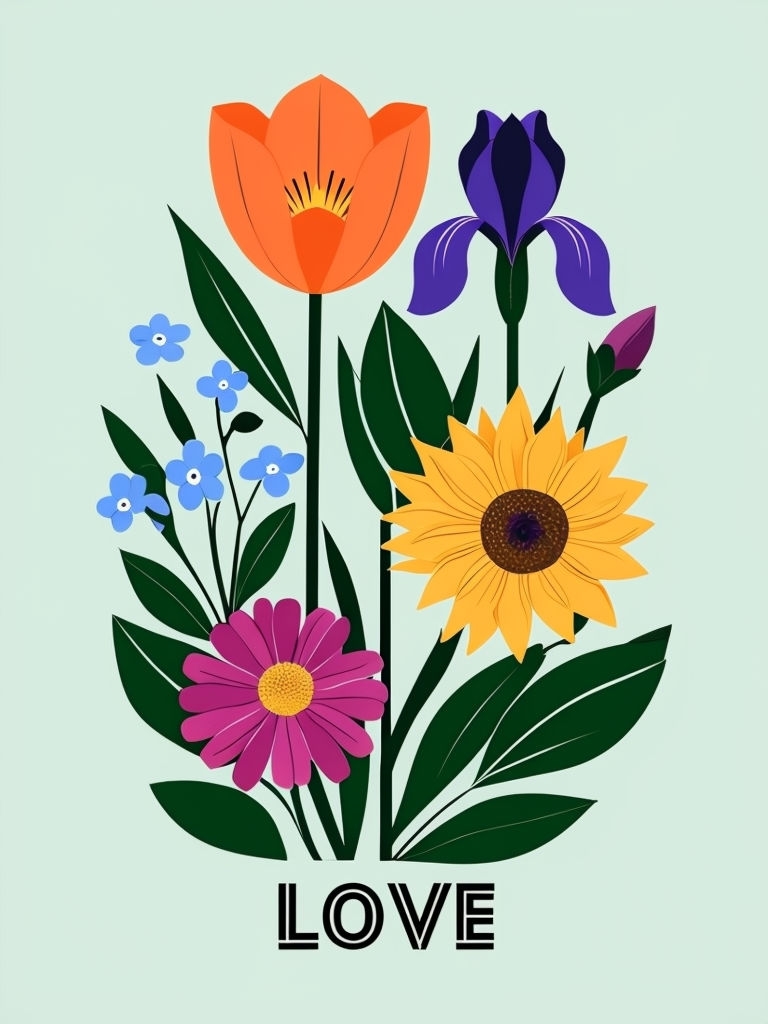 Vibrant Flower Bouquet Illustration with Love Text T-Shirt