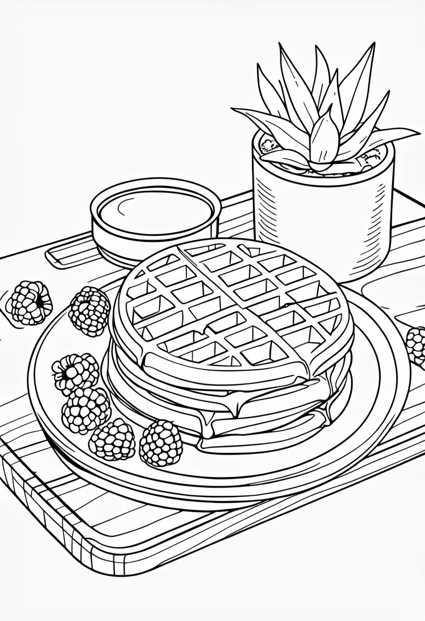 Charming Breakfast Scene with Waffles and Raspberries Coloring Book Page