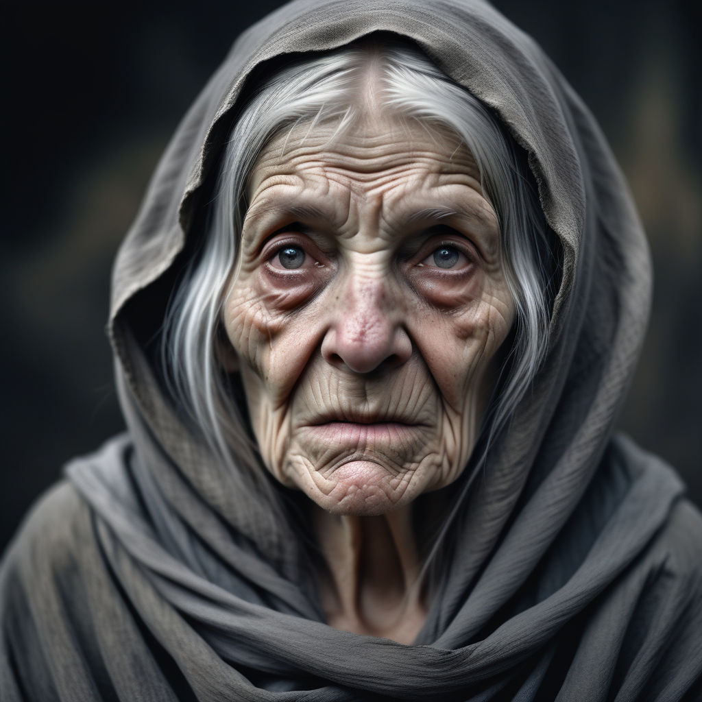 Creepy old lady with long silver hair