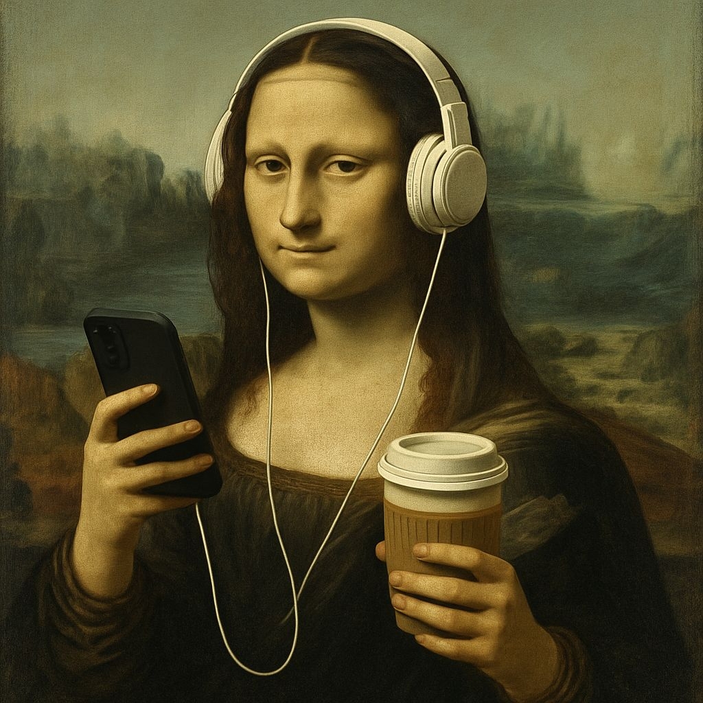 Modern Mona Lisa with Headphones and Smartphone Digital Art