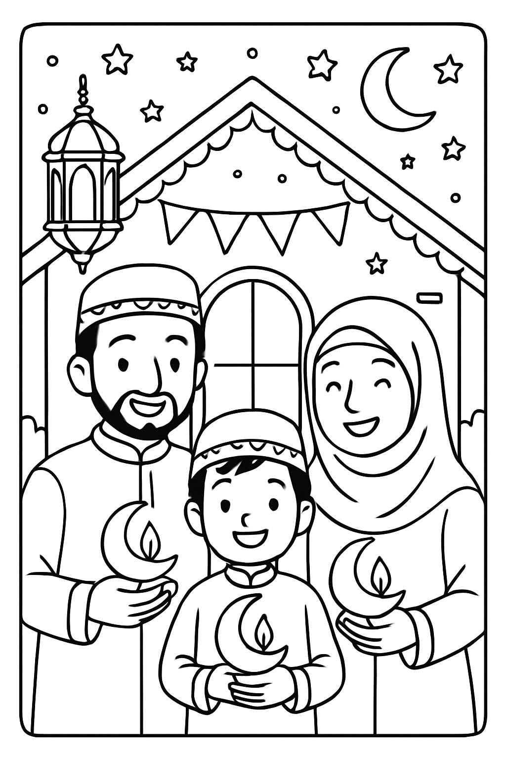 Joyful Family Celebrating with Lanterns in Festive Scene Coloring Book Pages