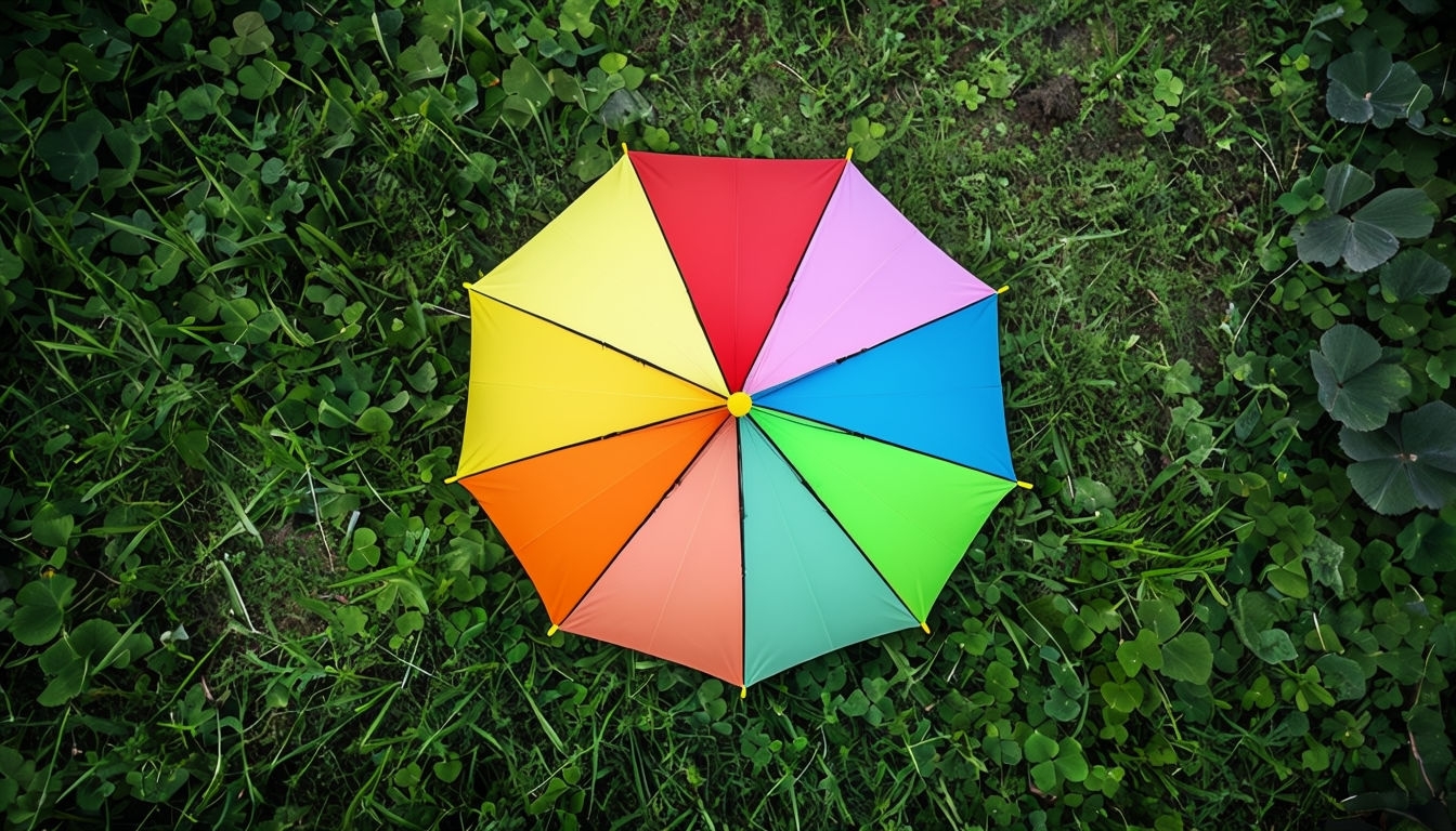 Vibrant Colorful Umbrella on Lush Green Grass Aerial Image Virtual Backgrounds