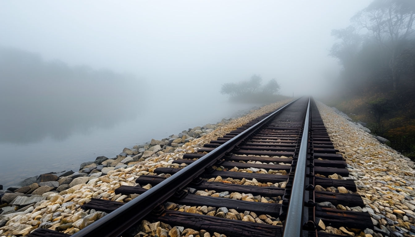 Mysterious Foggy Railway Tracks Landscape Virtual Background