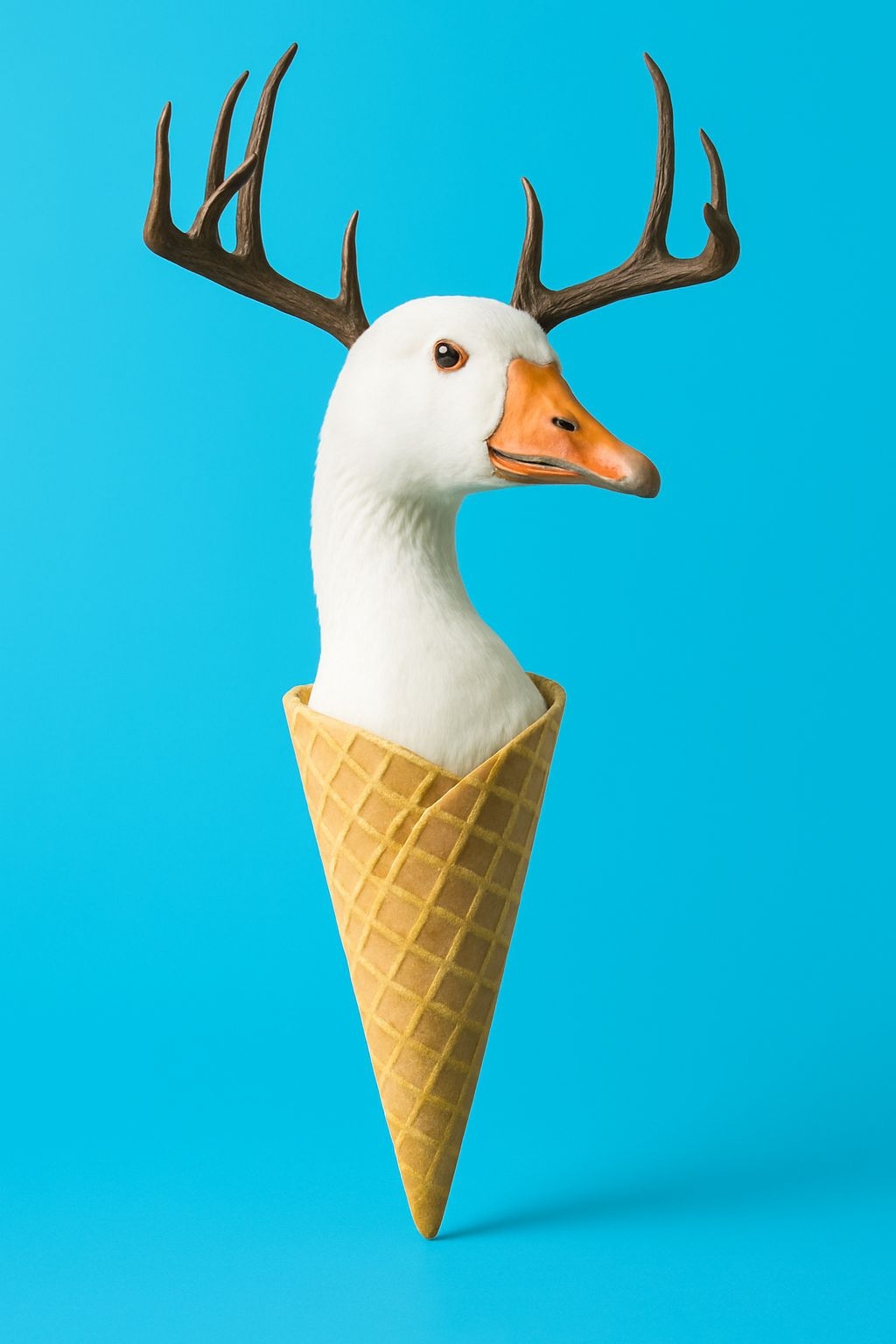 Surrealistic White Duck with Antlers in Waffle Cone Art