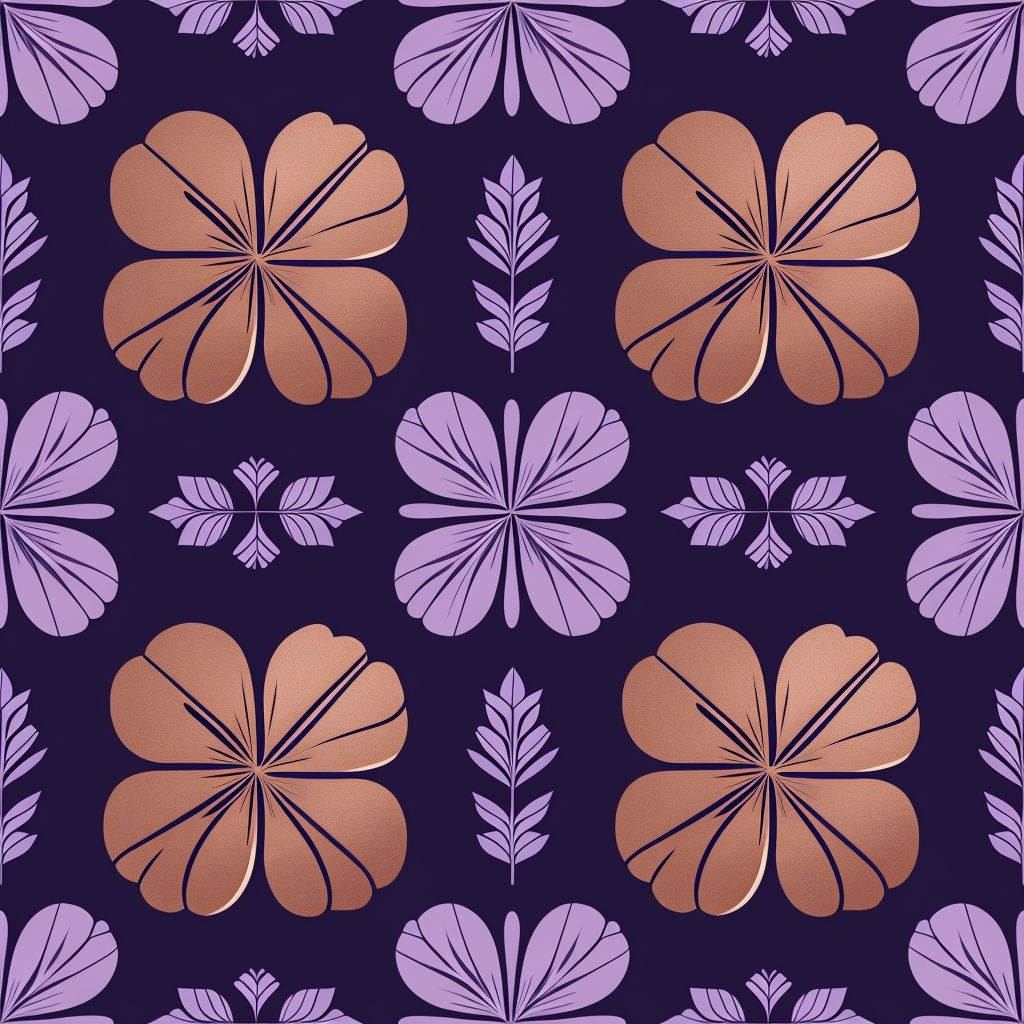 Symmetrical Floral Pattern with Copper and Lavender on Dark Purple Seamless Pattern