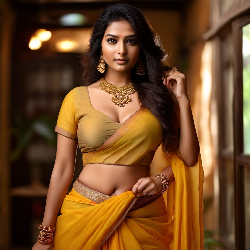 indian women in long hair looking into camera fair complexion standing full  body details navel shown deep cleavage shinny skin