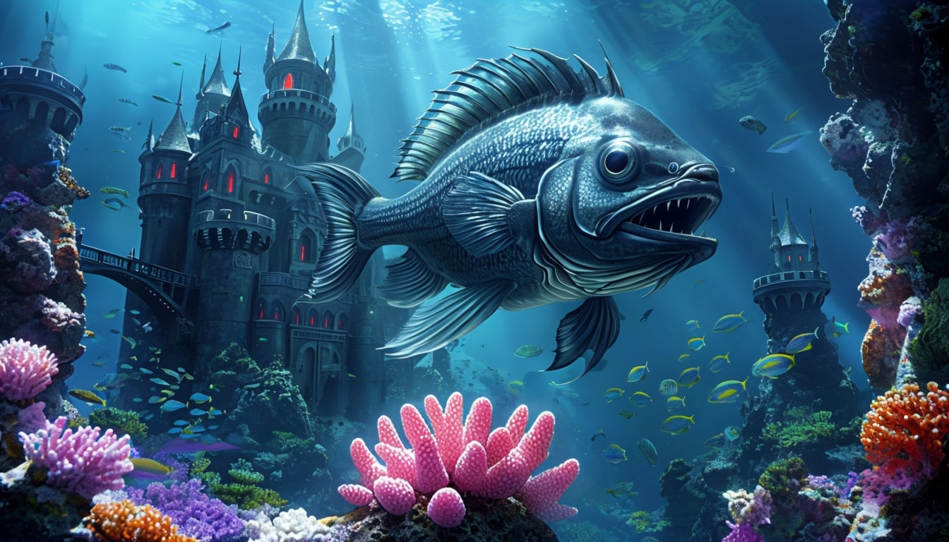 Mysterious Underwater Castle with Colorful Fish Art Poster