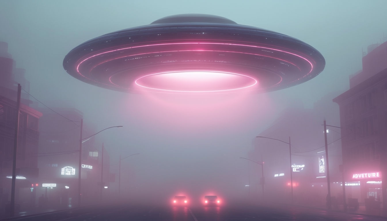 Surreal Futuristic Cityscape with UFO and Neon Lights Background