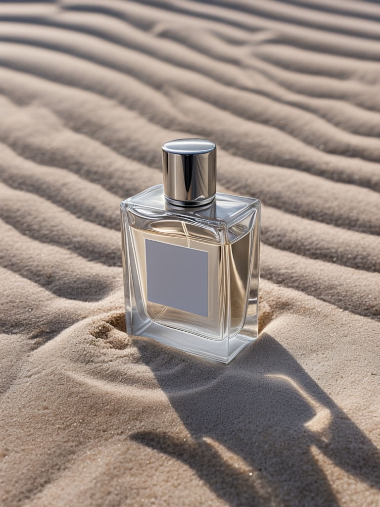 Minimalist Clear Perfume Bottle on Sandy Terrain Mockup