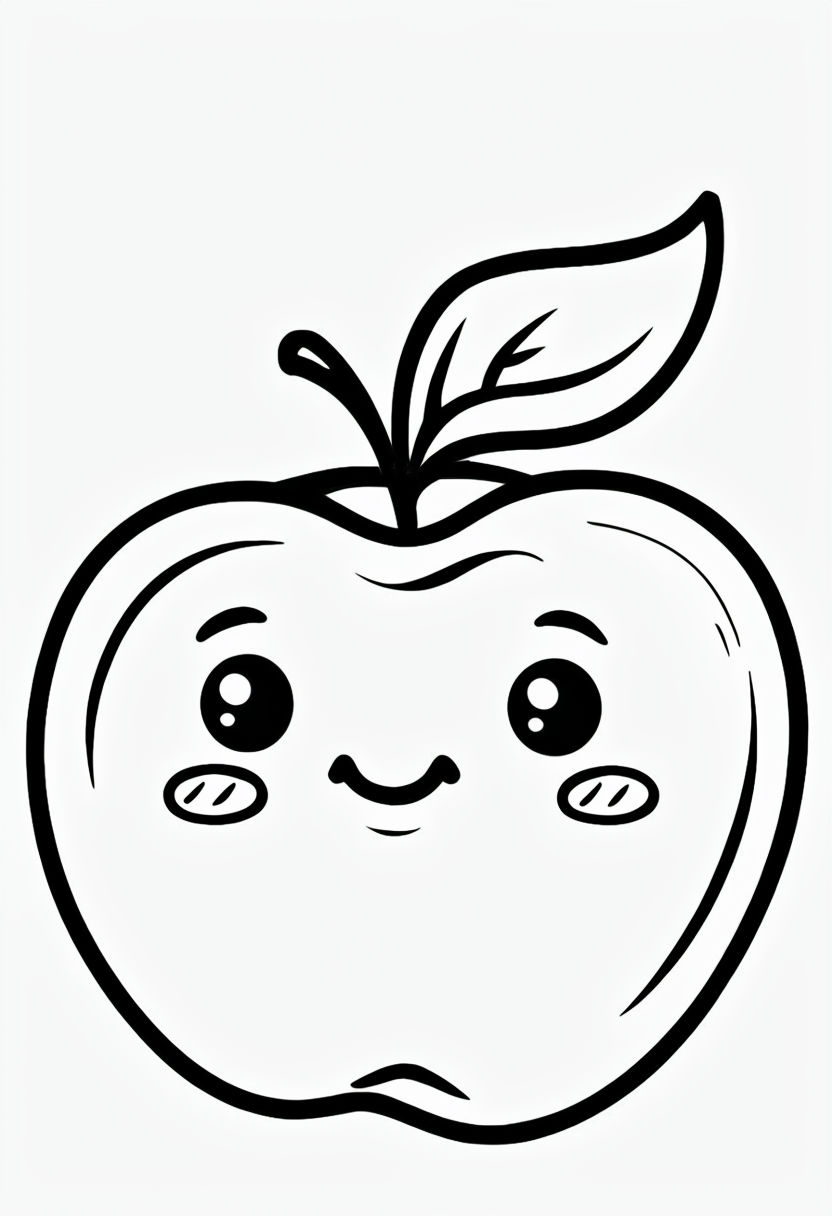 Friendly Blushing Apple Character Line Drawing Coloring Page