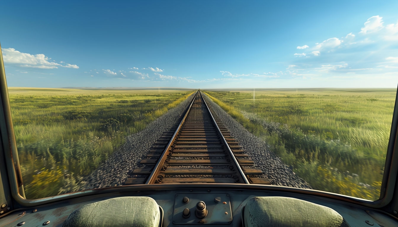 Realistic Freight Train View from Cab with Prairie Landscape Virtual Backgrounds