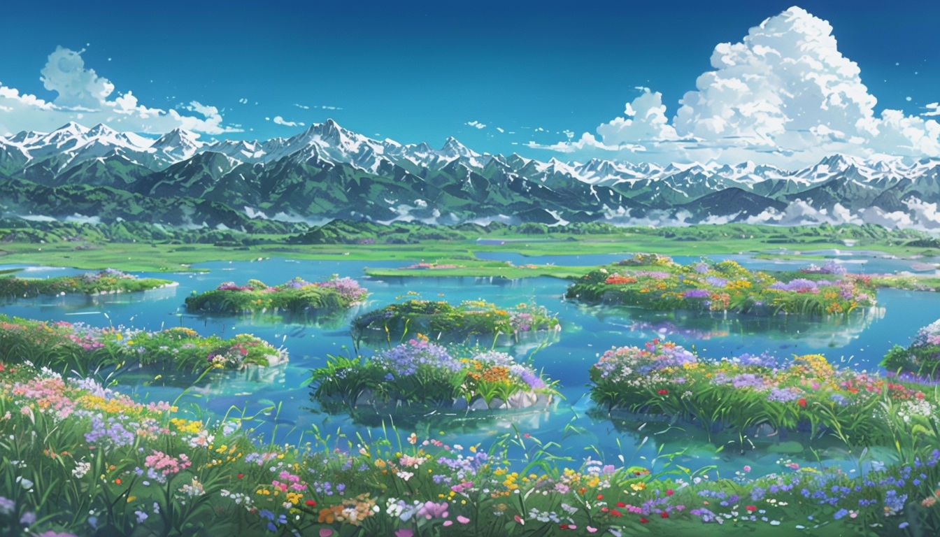 Serene Anime Landscape with Tranquil Meadow and Mountains Art