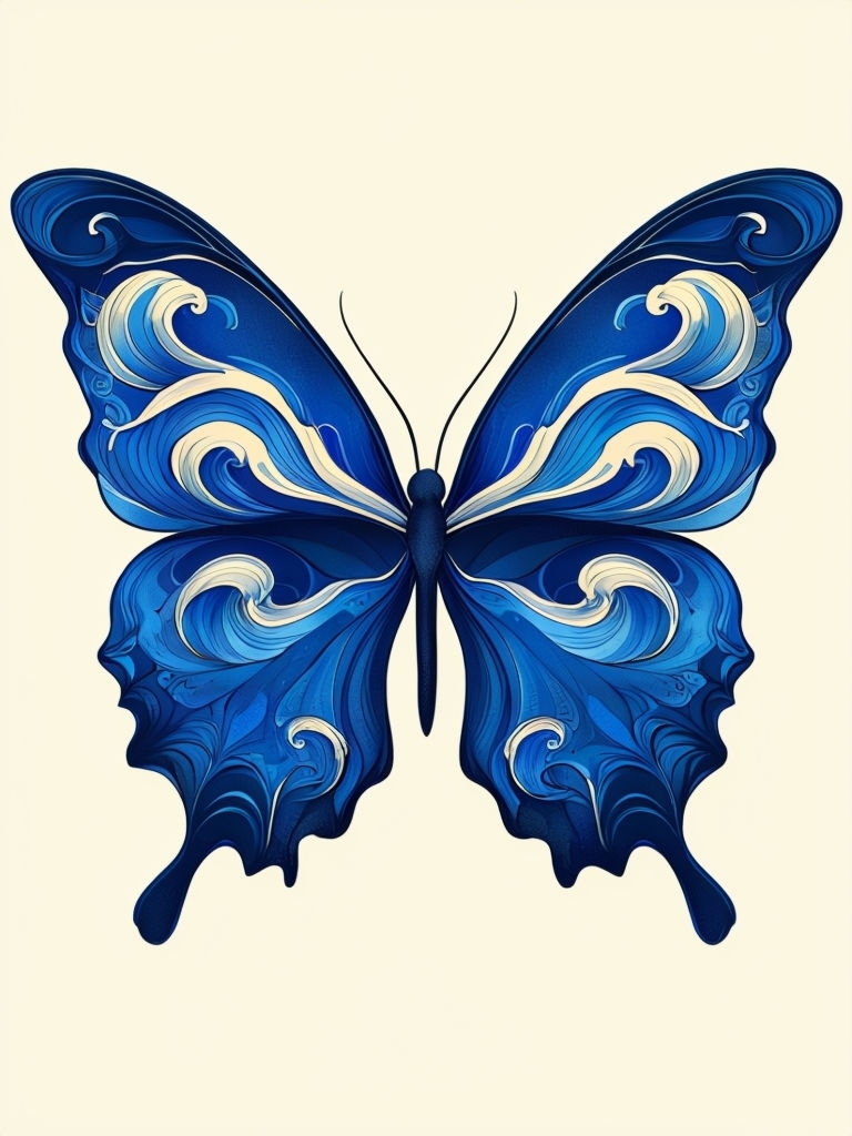 Intricate Navy Blue Butterfly Digital Illustration Art