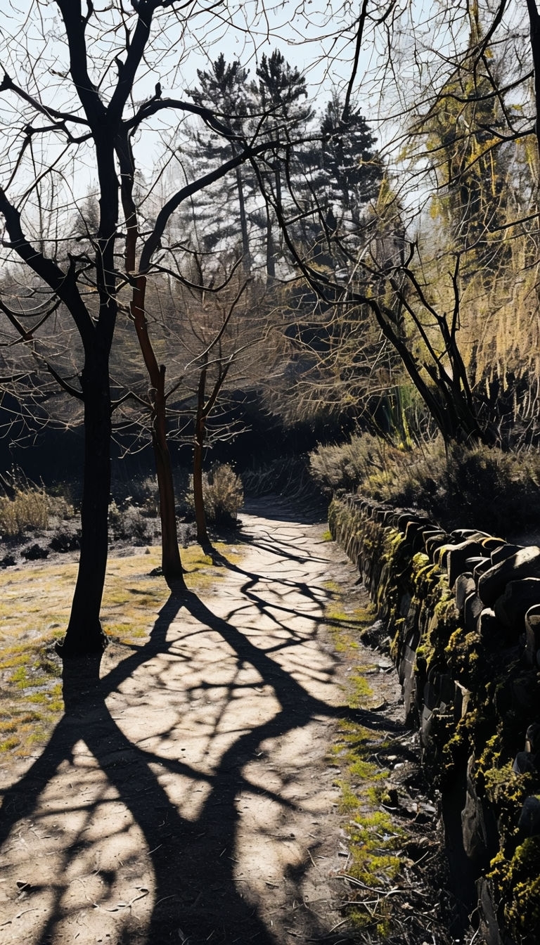 Serene Spring Pathway with Shadowed Tree Branches Mobile Wallpaper