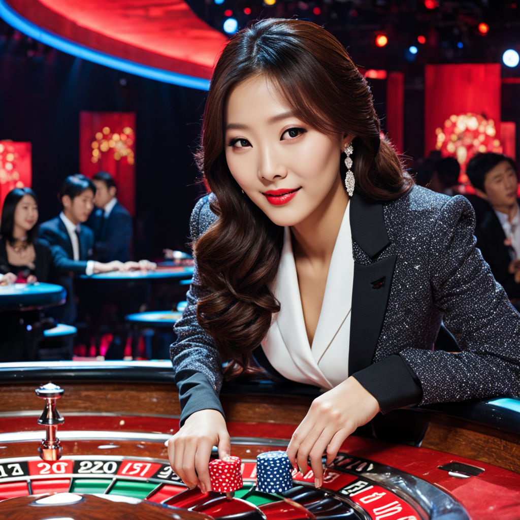 A attractive Korean girl, on a roulette in a stage show. A visible roulette on the foreground.