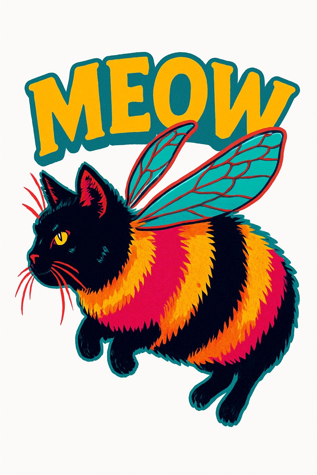 Whimsical Black Cat Bee Illustration with Vibrant Colors T-shirt