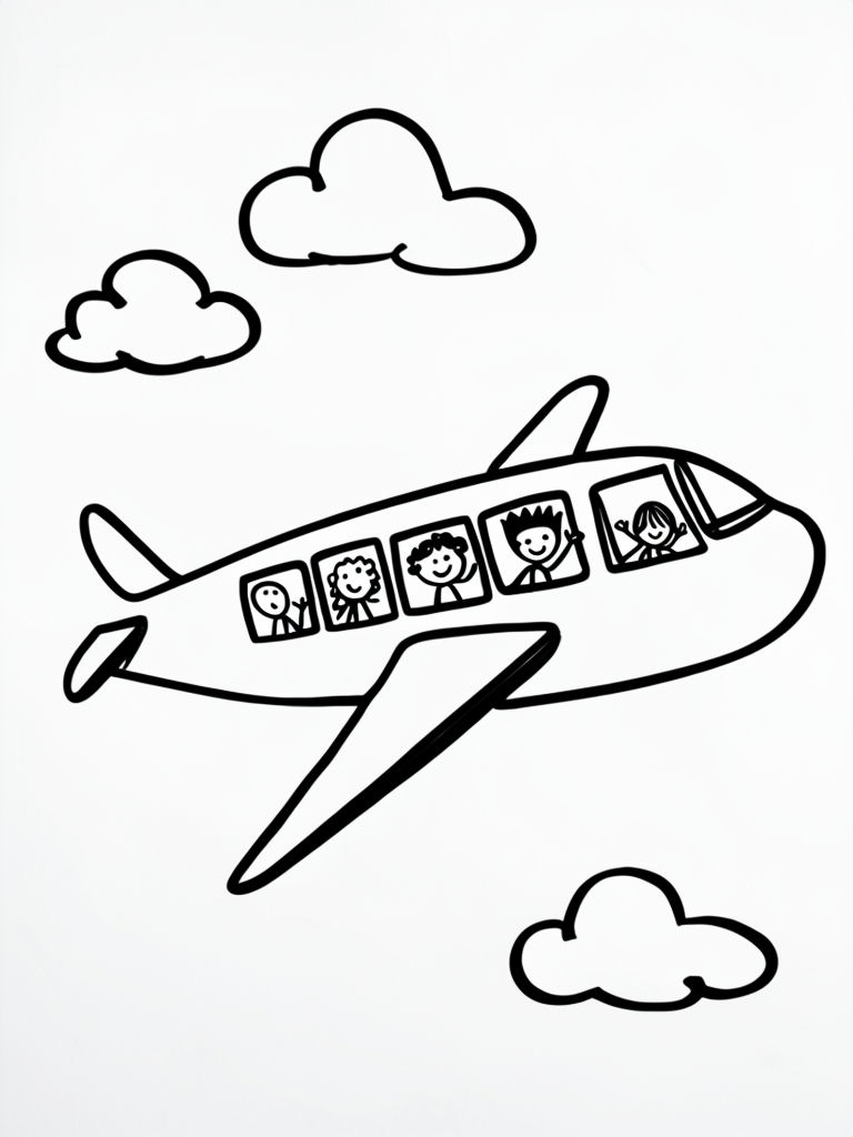 Playful Black and White Airplane with Cheerful Passengers Sticker