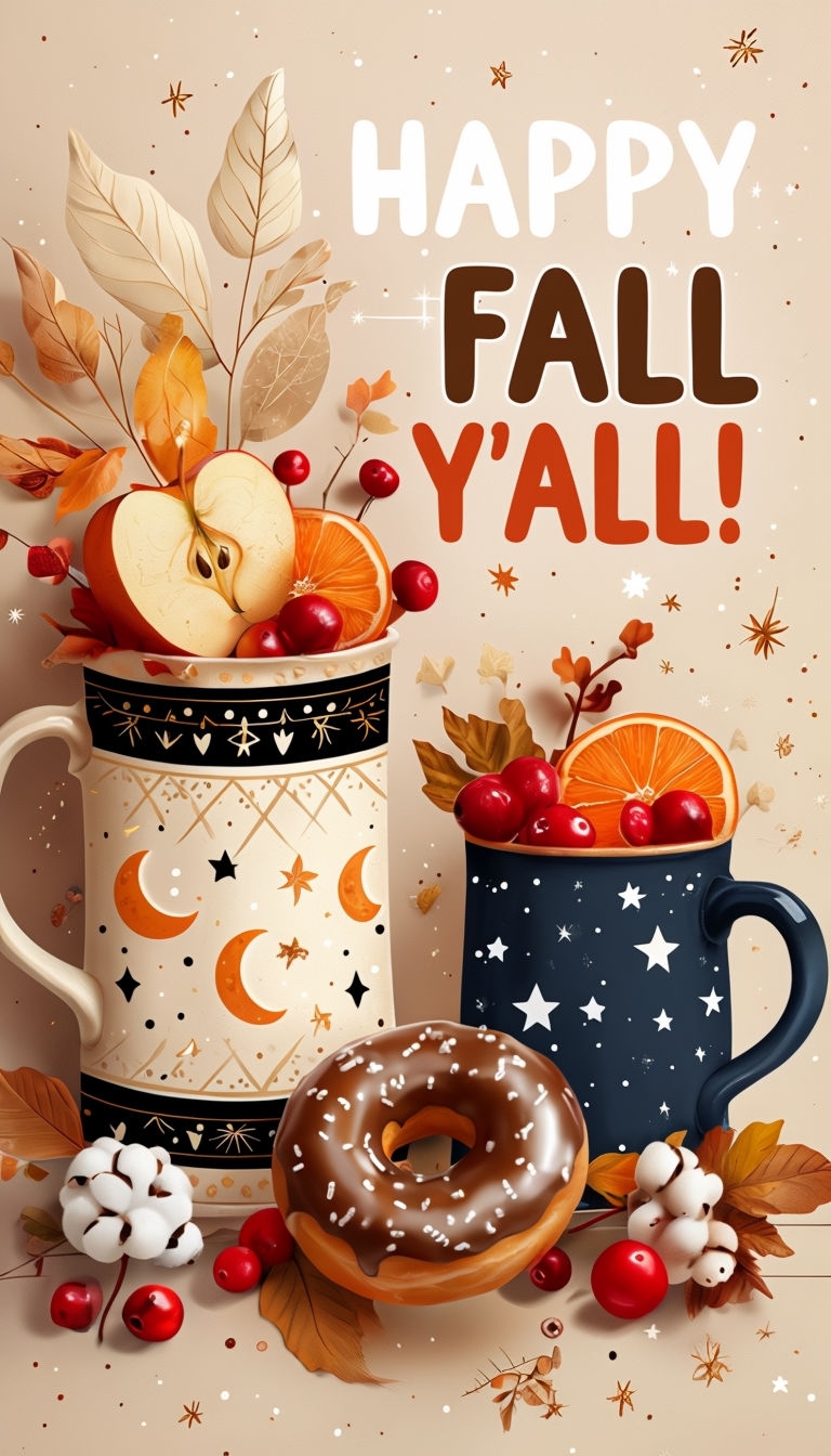 Festive Autumn Mugs and Doughnut Illustration for Fall Celebration Poster