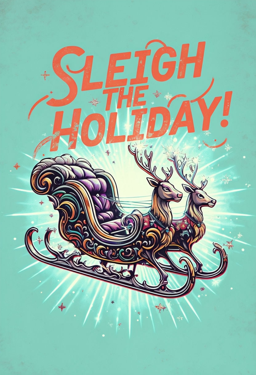 Psychedelic Holiday Sleigh Graphic with Reindeer and Text Poster