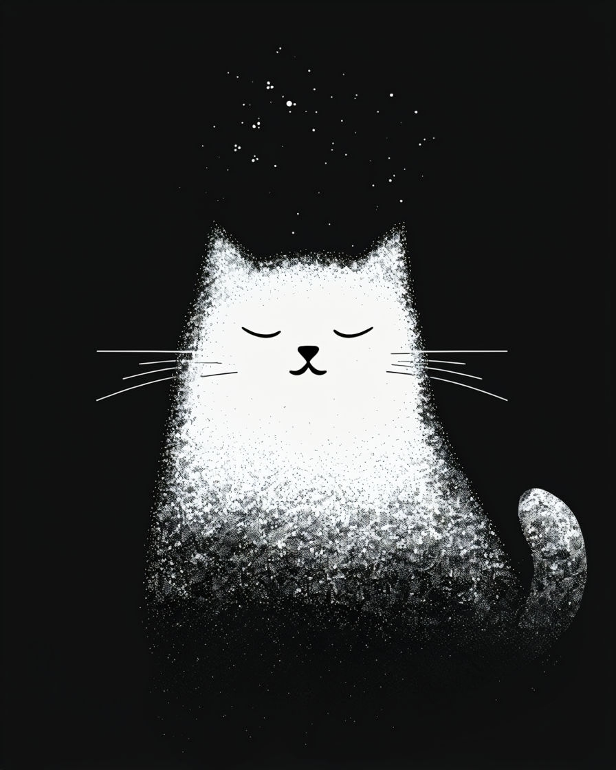 Minimalist White Cat Pointillism Illustration Art