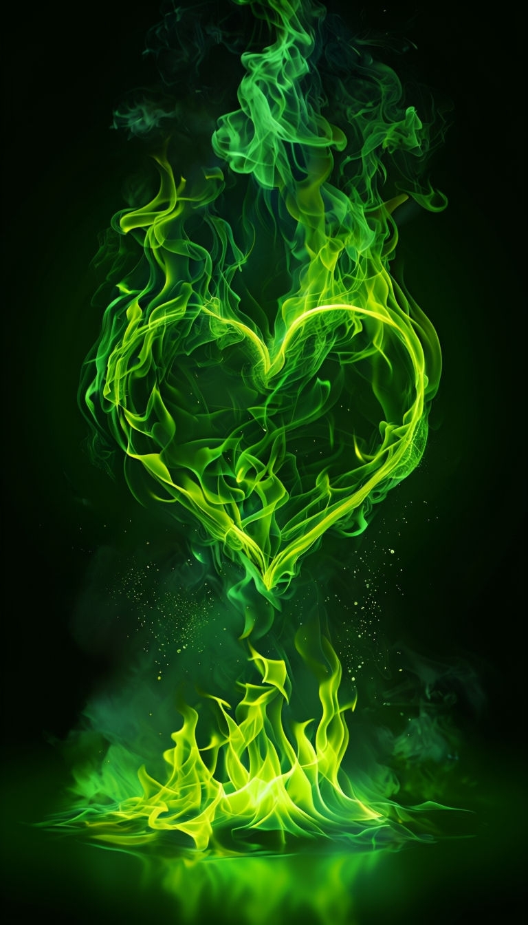 Vibrant Neon Green Heart Flame Digital Art Mobile Wallpaper