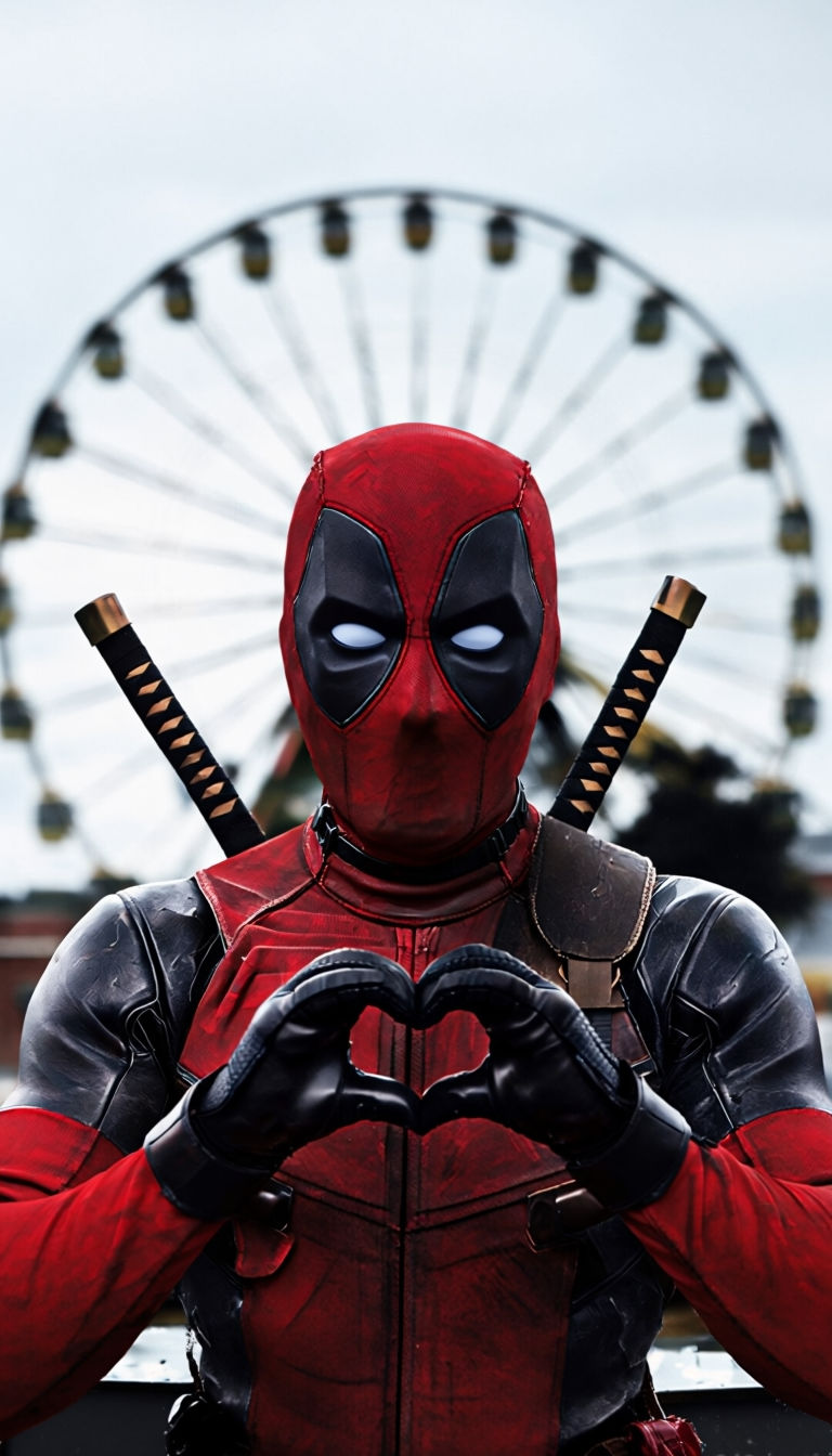 Playful Deadpool Cosplay Portrait with Ferris Wheel Background Art