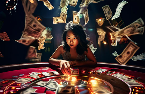 An Asian girl with a concentrated expression, immersed in a captivating game of roulette under a glaring, incandescent bulb, distinct layout of the roulette table featuring numbers and alternating colors of red and black, crisp dollar bills strewn around the table, chips scattered randomly, reflective surface of the roulette wheel as it spins, surroundings enveloped in an atmosphere of tension, smoky air and hushed murmurs from the onlook