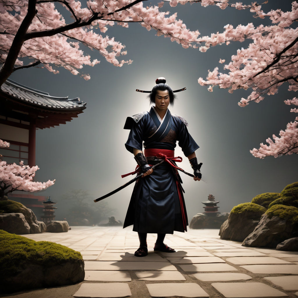 Samurai engaged in an intense battle with a towering Oni to by Samurai engaged in an intense battle with a towering Oni to by