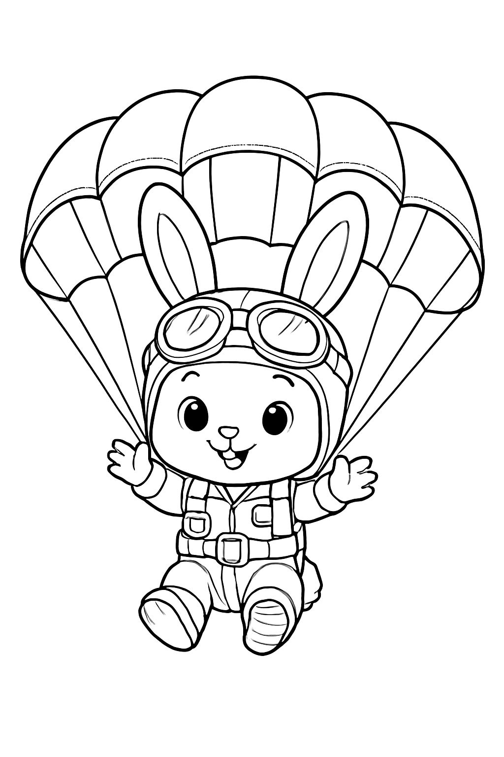 Cheerful Cartoon Rabbit Parachuting Adventure Coloring Book Page
