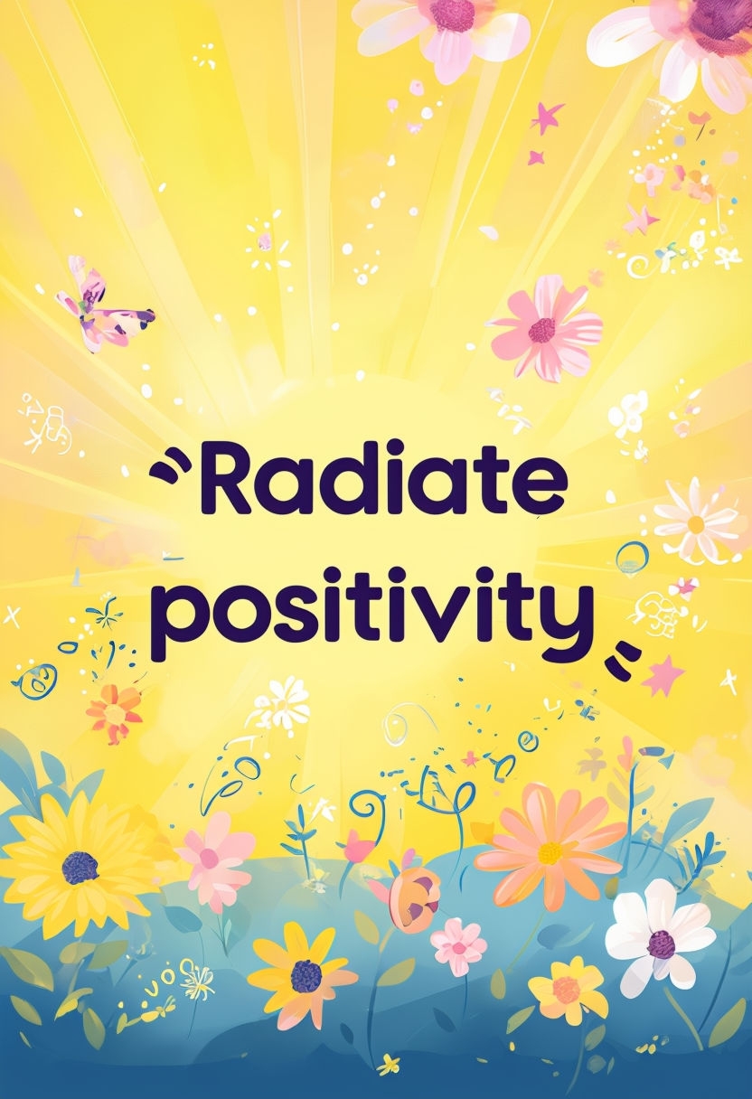 Radiate Positivity Cheerful Quote Art with Flowers and Sunbursts Poster