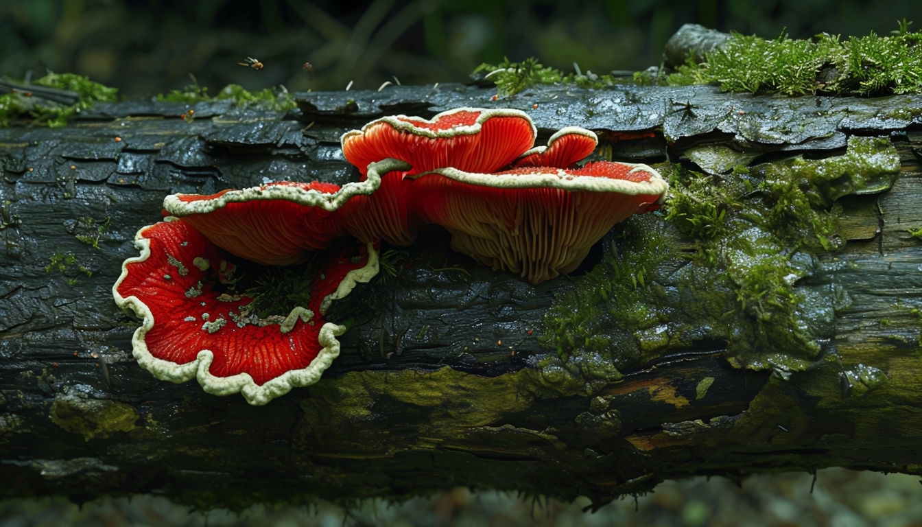 Dark Grunge Log with Vibrant Red Fungi Wallpaper for Virtual Backgrounds