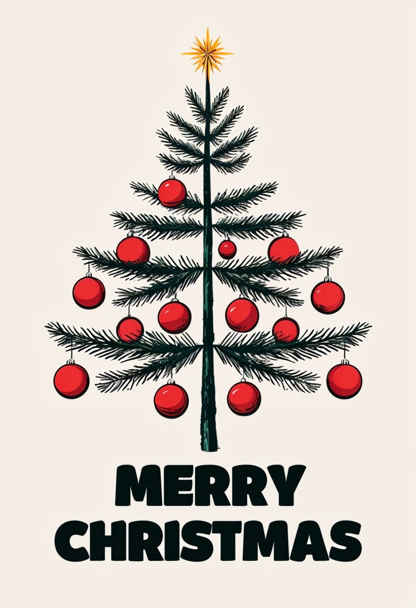 Minimalist Christmas Tree Illustration with Merry Christmas Text Poster