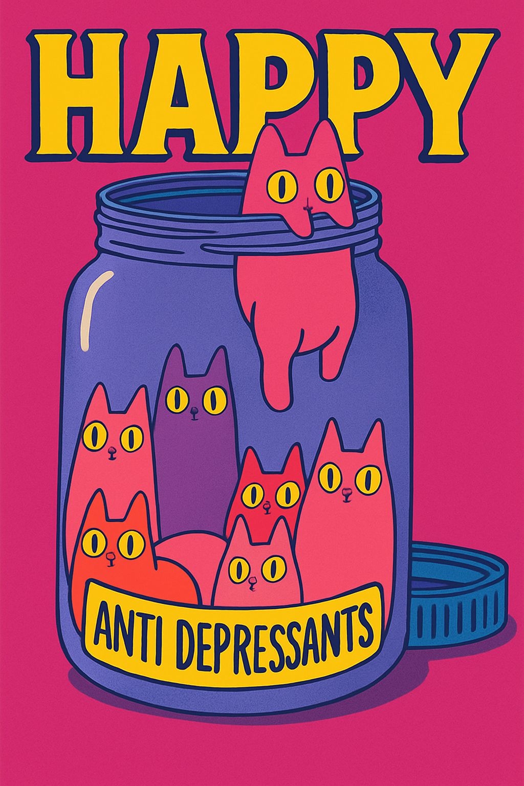 Whimsical Colorful Cats in Jar with Happy Label Poster