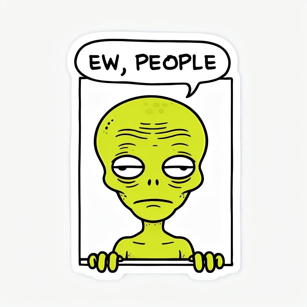 Skeptical Yellow Green Alien Cartoon with 'EW, PEOPLE' Speech Sticker