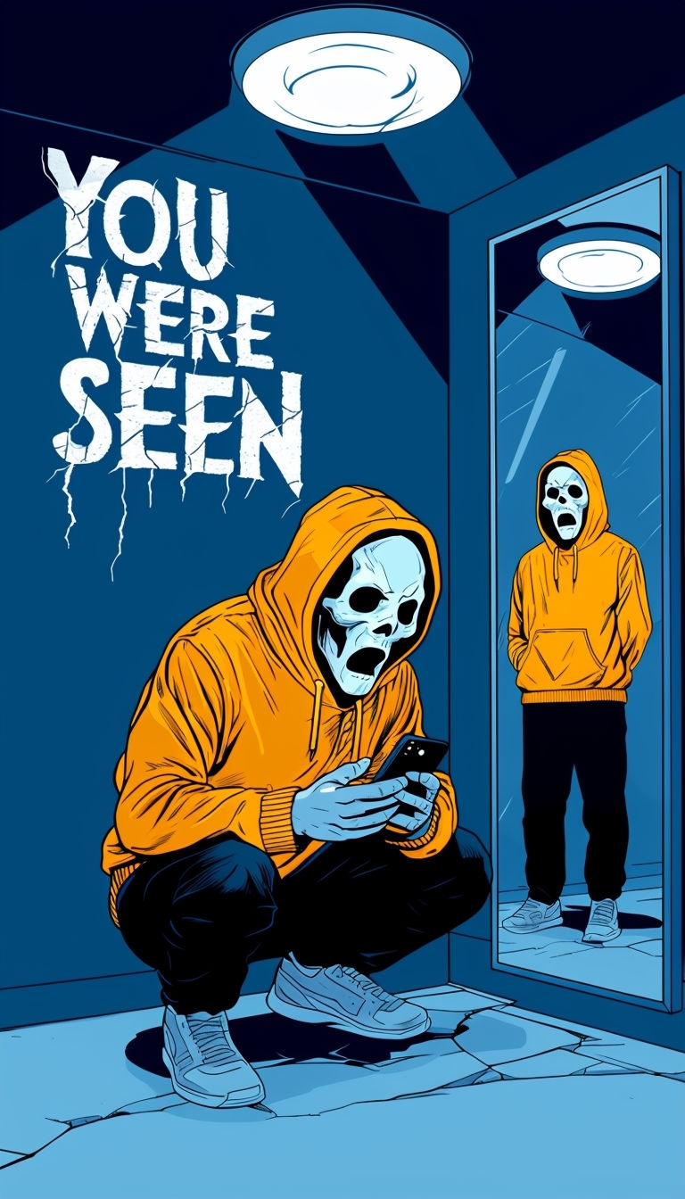 Eerie Comic Illustration of Crouching Character with Skull Mask Poster