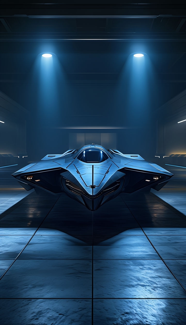 Futuristic Matte Black Spaceship in Dimly Lit Hangar Mobile Wallpaper