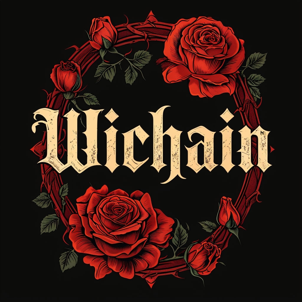 Ornate Gothic Wichain Text with Dark Roses T-Shirt