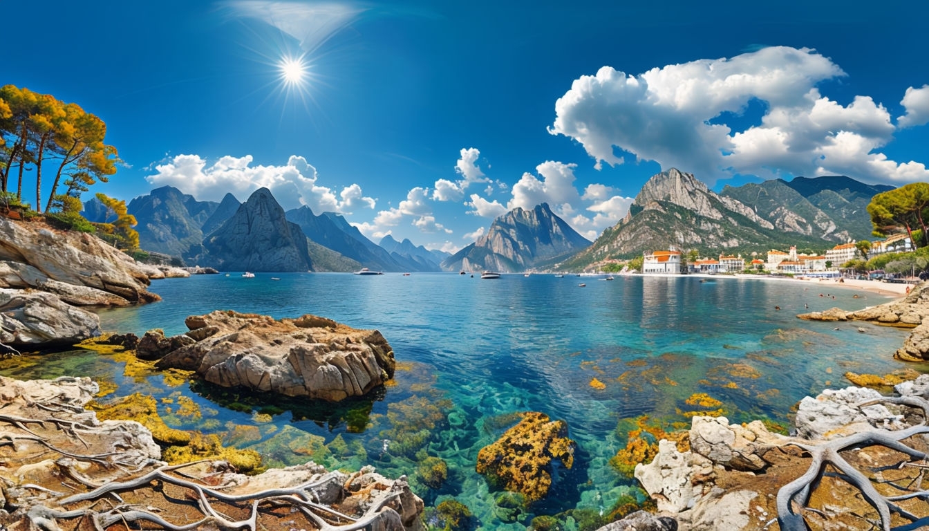 Serene Coastal Landscape with Turquoise Water Virtual Background