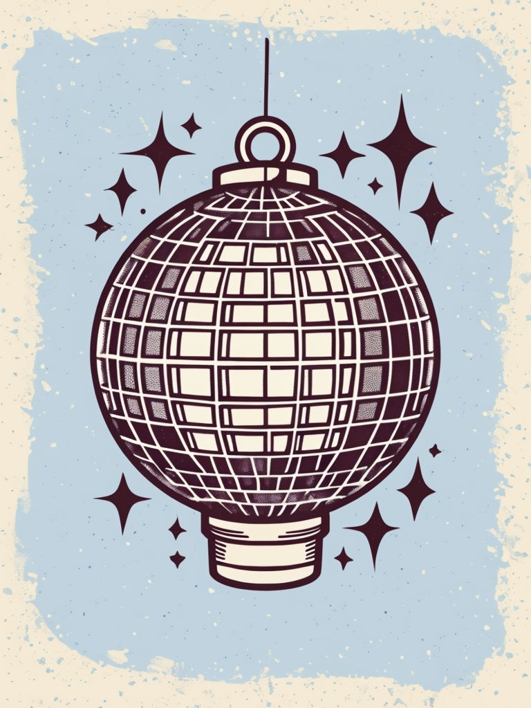 Vintage Disco Ball Illustration with Sparkling Stars Art Print Cards & Invites