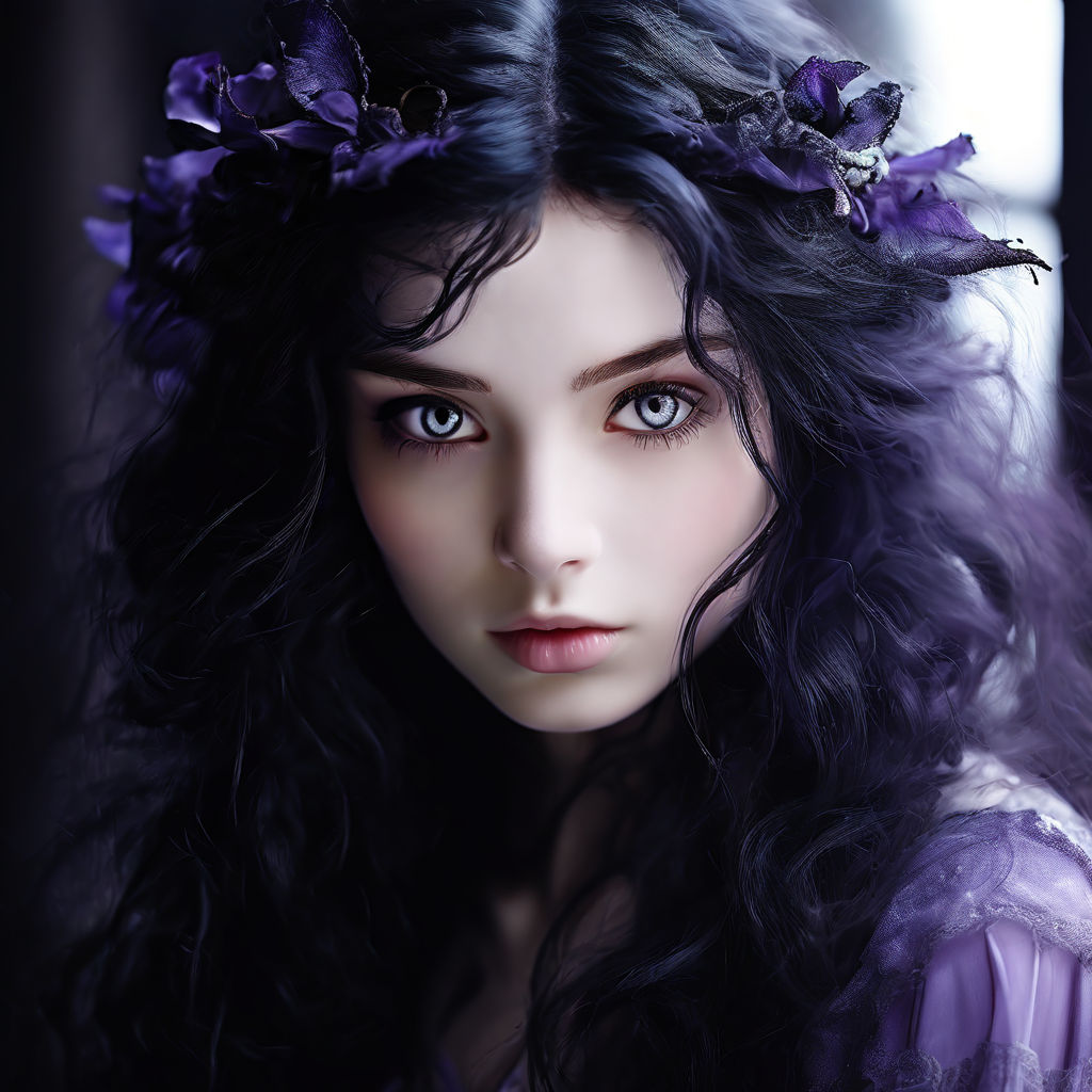 raven-black hair flowing gracefully down their shoulders. Her eyes are of  an intense and mysterious violet hue