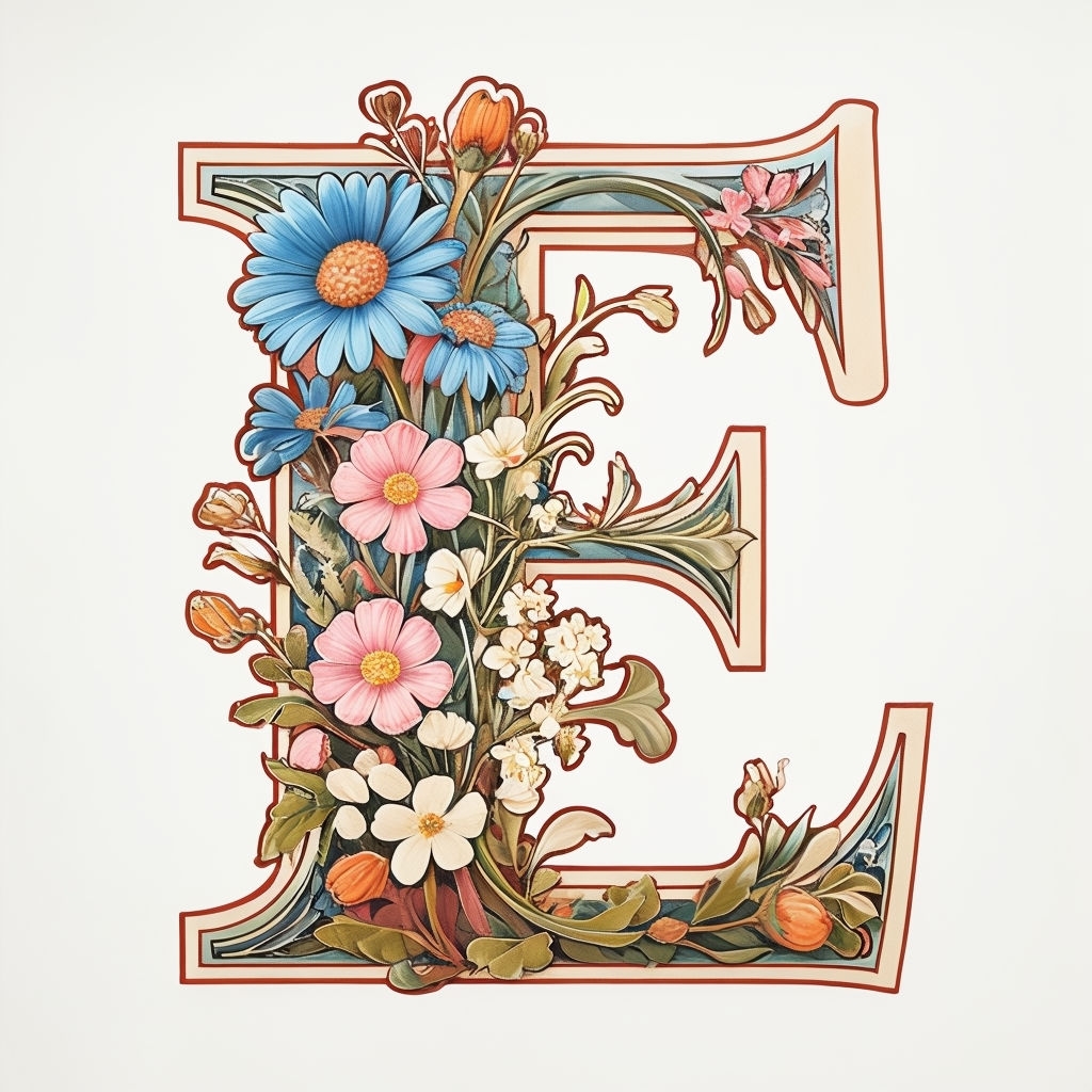 Ornate Floral Letter E Illustration in Art Nouveau Style Monogram