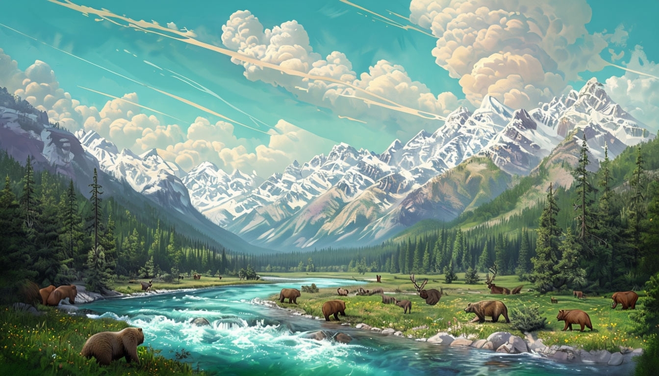 Serene Natural Landscape with Wildlife and Mountains Art